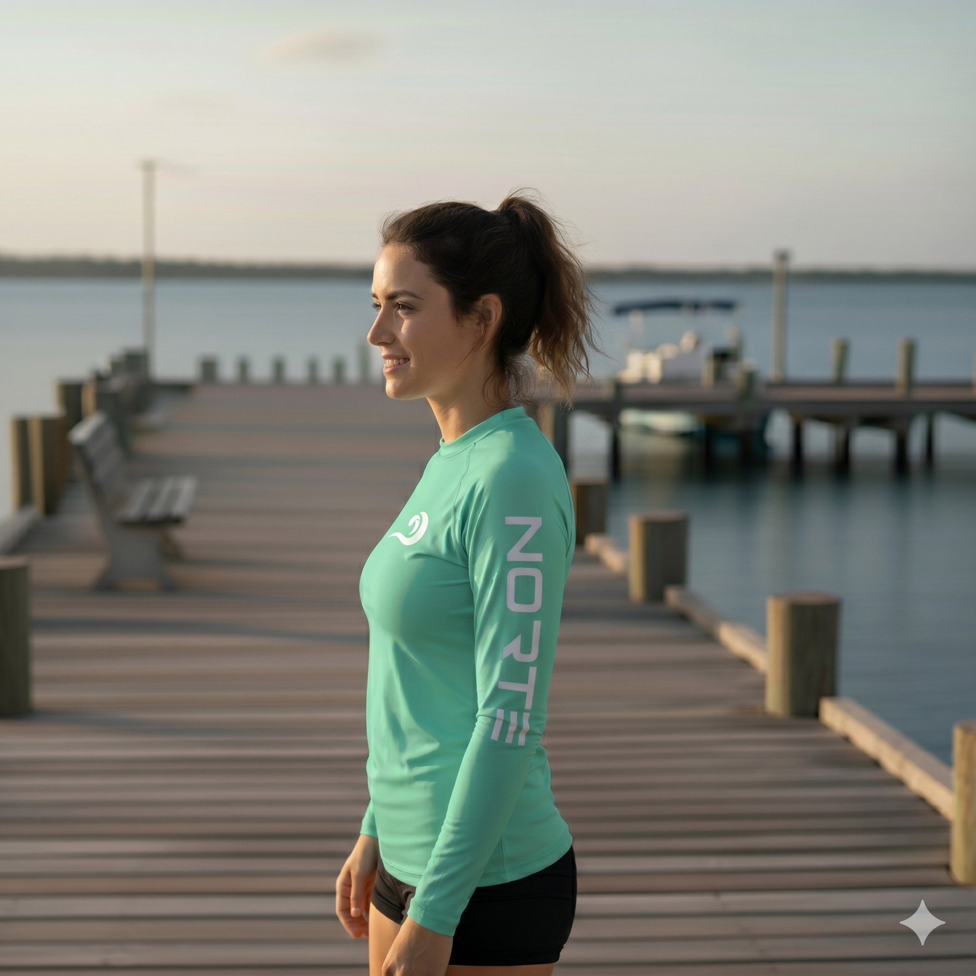 Side profile of the Norte Women’s Performance Rash Guard in Mint, highlighting the vertical white sleeve branding and athletic fit on a coastal dock.