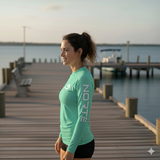 Side profile of the Norte Women’s Performance Rash Guard in Mint, highlighting the vertical white sleeve branding and athletic fit on a coastal dock.