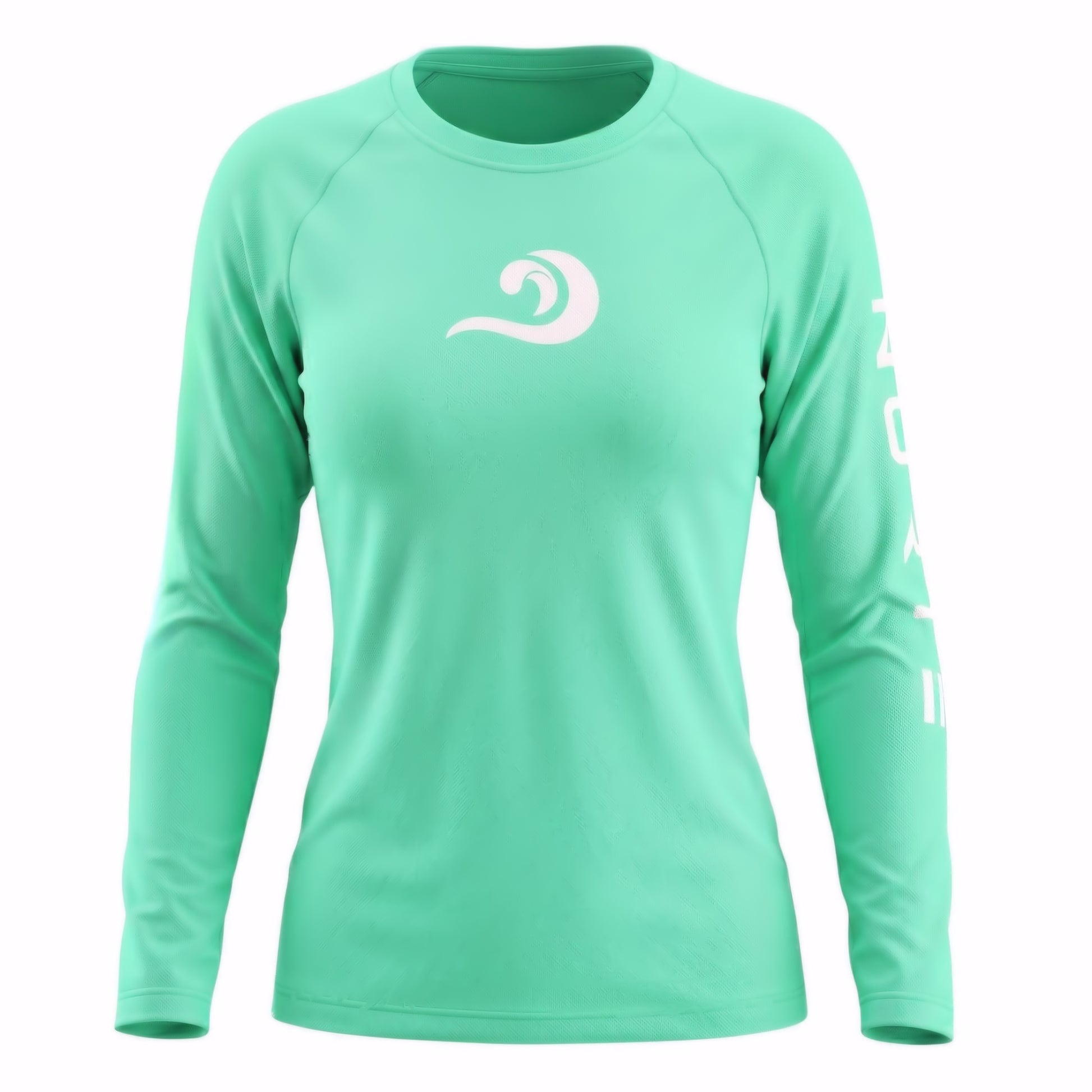 Norte Women’s Performance Rash Guard in Mint featuring the official wave-mark chest logo and white vertical sleeve branding with UPF 50+ sun safety.
