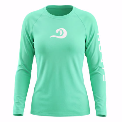 Norte Women’s Performance Rash Guard in Mint featuring the official wave-mark chest logo and white vertical sleeve branding with UPF 50+ sun safety.