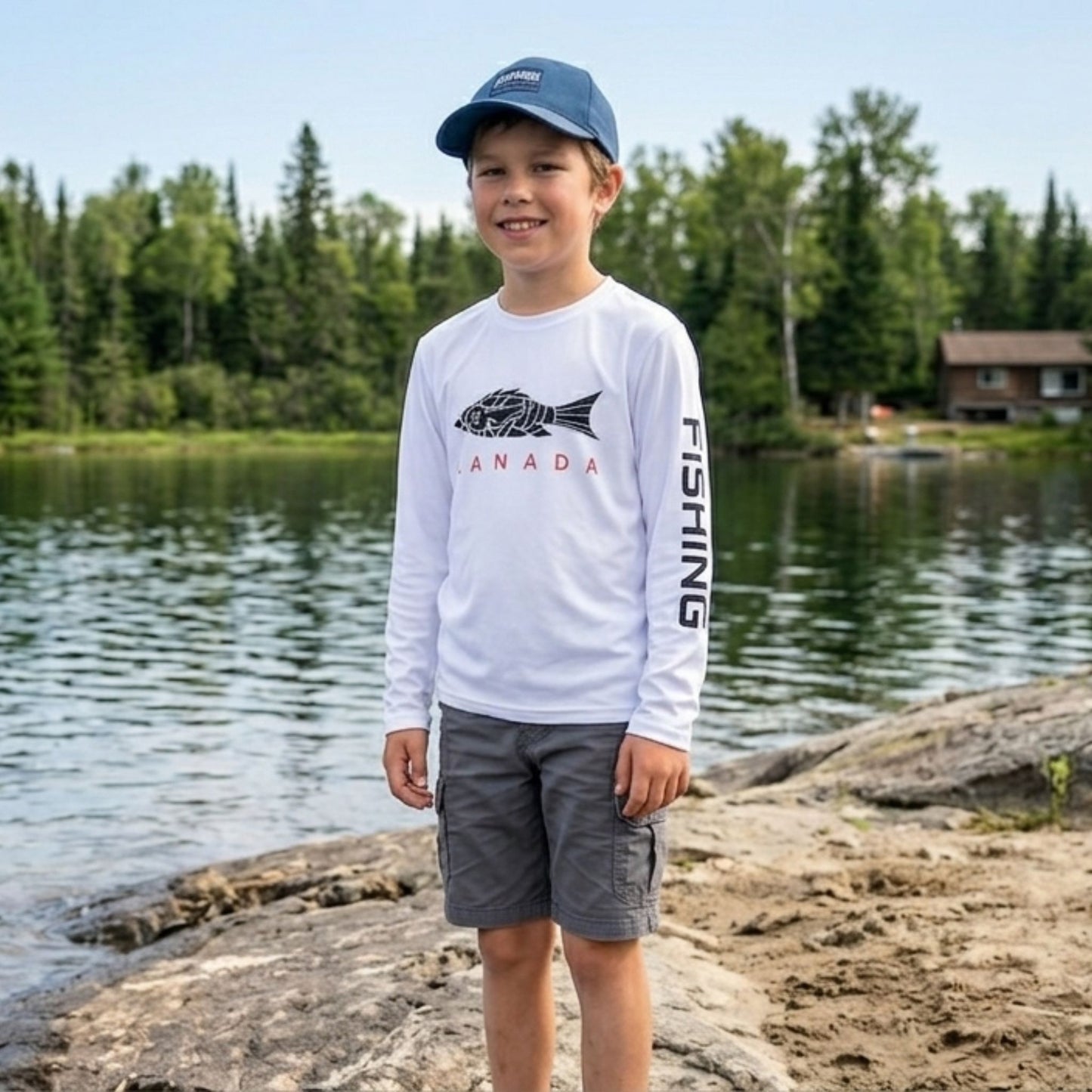 Norte Youth Technical Rash Guard worn by a smiling child standing on a rocky Canadian shoreline, showcasing the white UPF 50+ fabric and 'Canada' graphic.