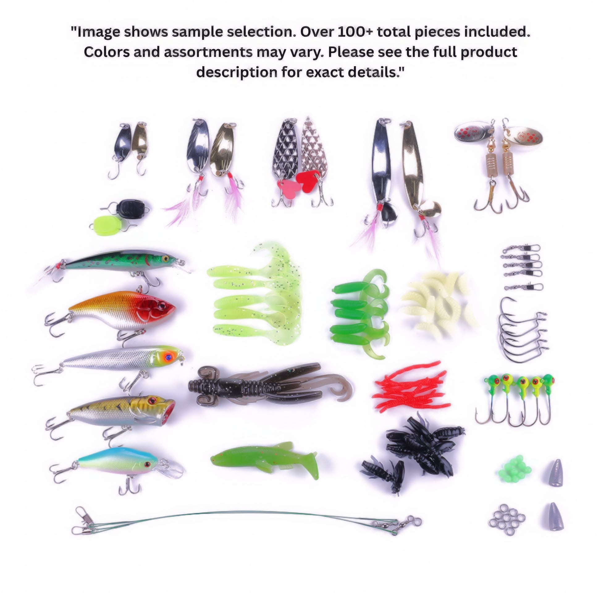 An overview of the contents included in the Ready-To-Fish Family Starter Tackle Box, showing a variety of fishing lures, hooks, soft baits, weights, and tools laid out on a white background with a sample selection disclaimer text at the top.