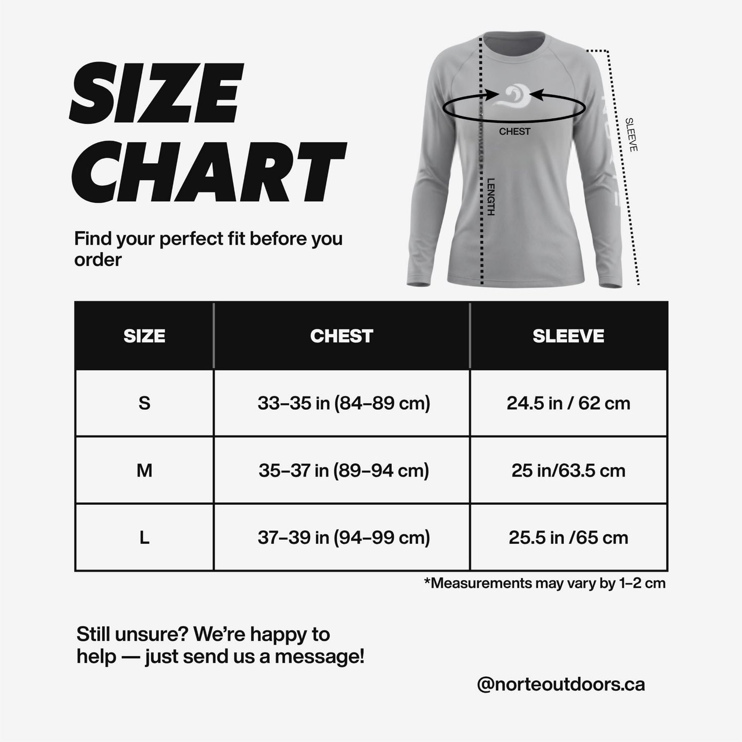 Women's long-sleeve shirt size chart showing chest and sleeve measurements in inches and centimeters for sizes Small, Medium, and Large.